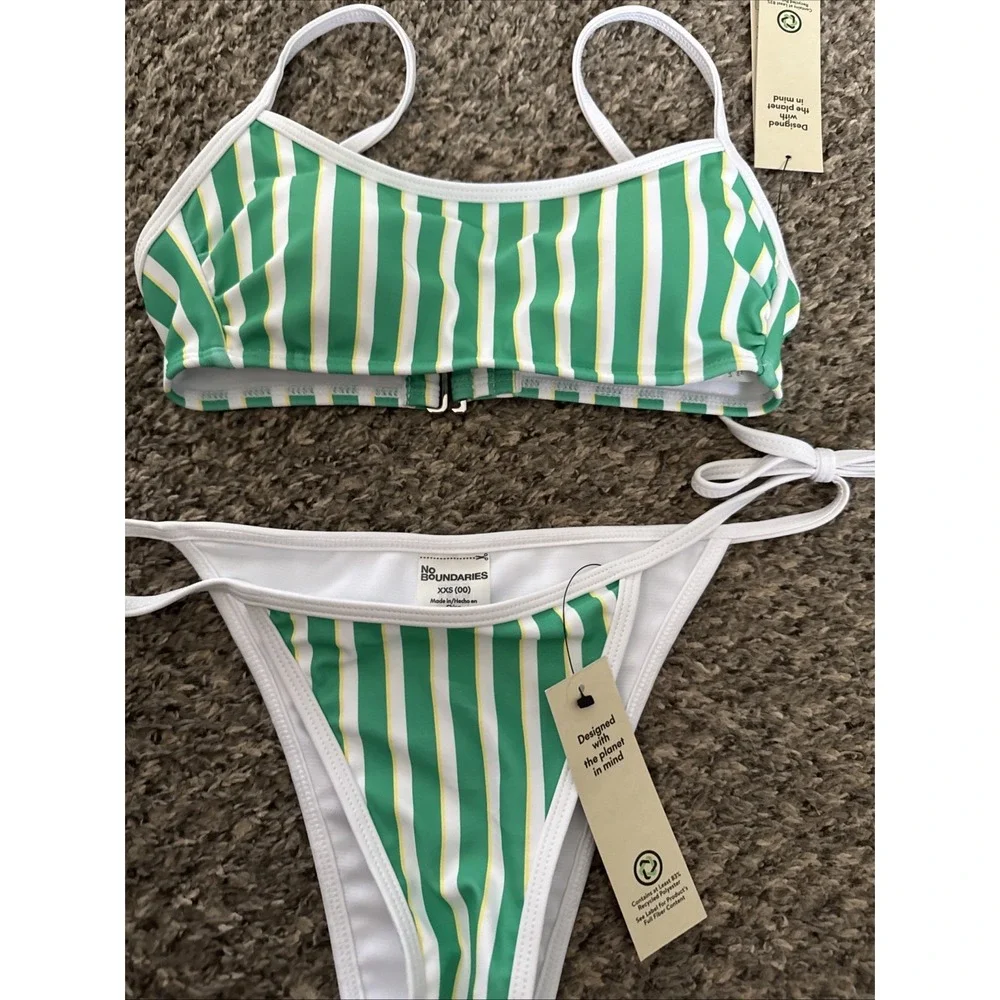 Bikini set XXS -00 Green White Striped  Adjustable Straps New